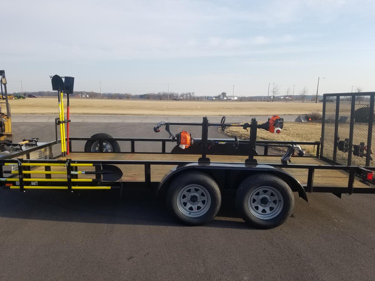 Landscape trailer, trailer tool rack, shovel rack, landscaping tool holder
