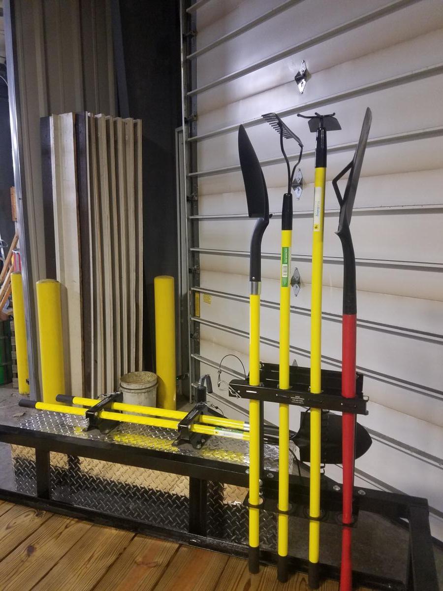trailer tool rack, shovel rack, broom rack, weedeater rack