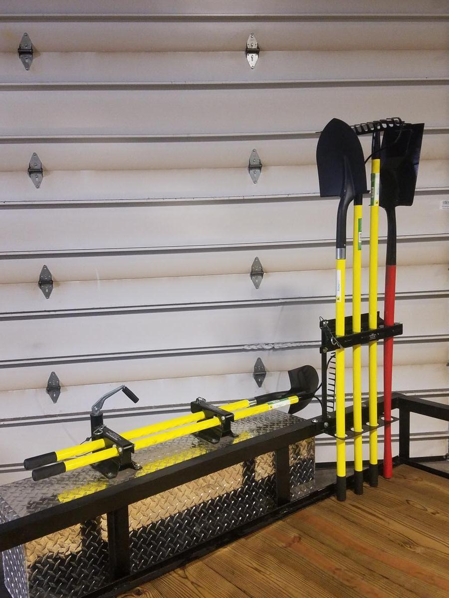 shovel rack, tool rack, tool holder, landscaping tool holder, trailer tool rack, landscape tools, landscape tool holder, broom holder