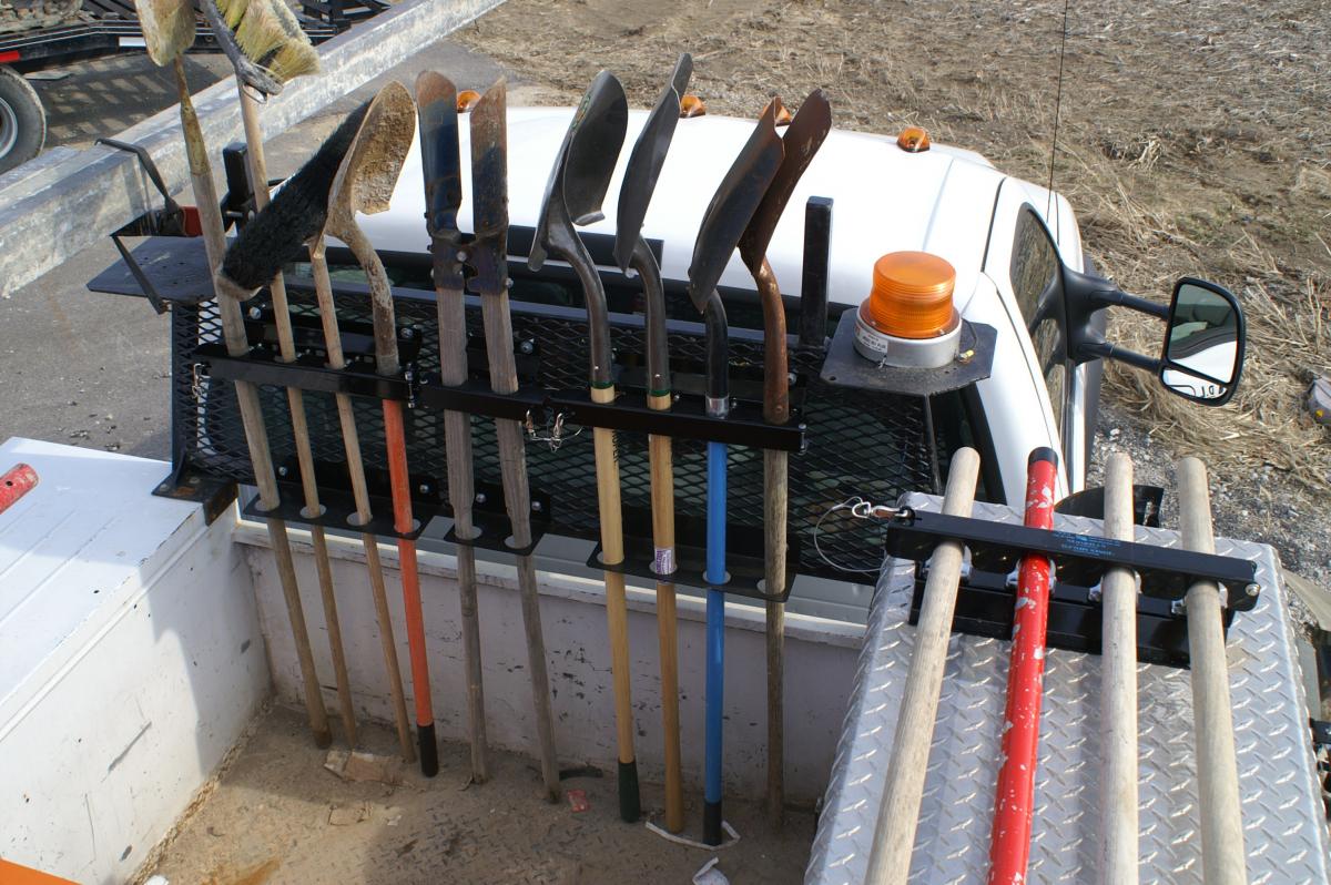 shovel rack, rake rack, tool rack, landscaping tool holder, broom rack, trailer, trailer tool rack, construction truck tool rack, tool holder, broom holder, shovel holder, rake holder